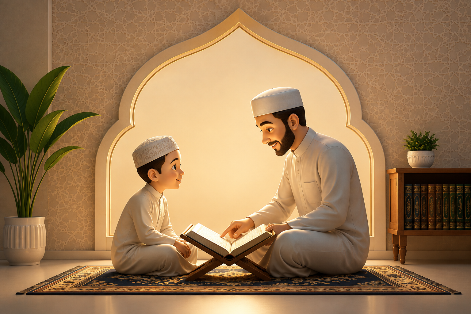 الرئيسية رسم توضيحي لمعلم يعلّم طفلًا تلاوة القرآن الكريم